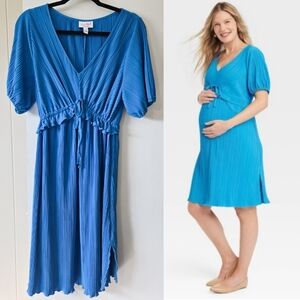 Blue Maternity Dress, Knee Length Pregnancy Dress Short Sleeve, Medium